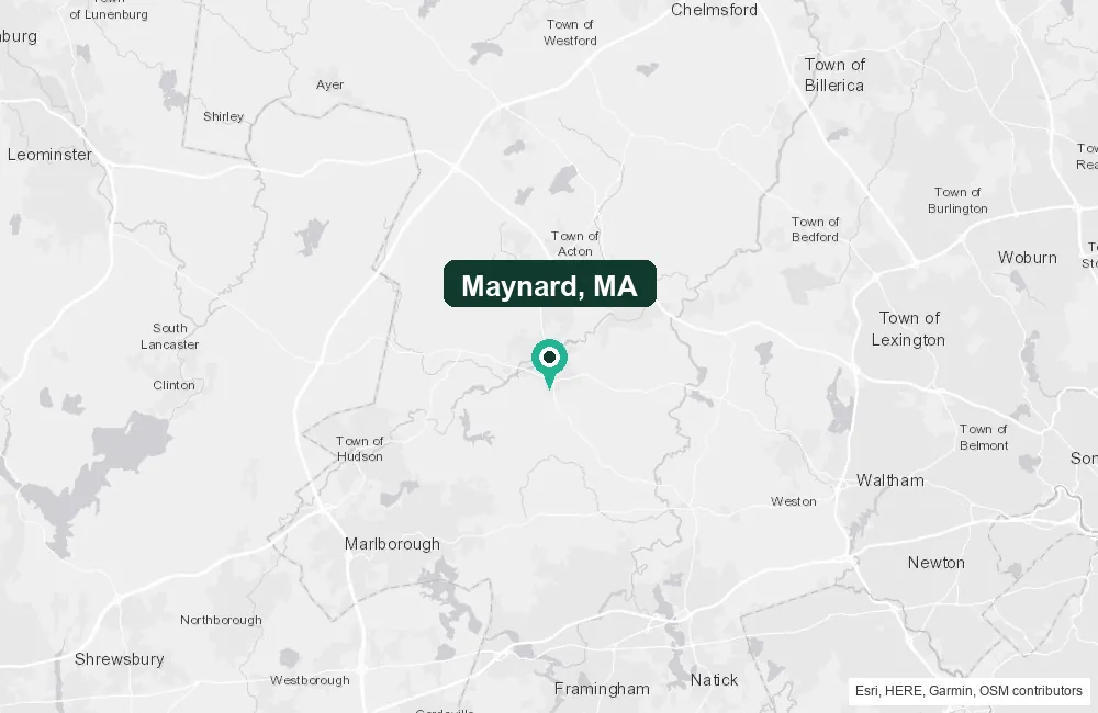 Map of Maynard, Massachusetts and the surrounding Middlesex County area service area